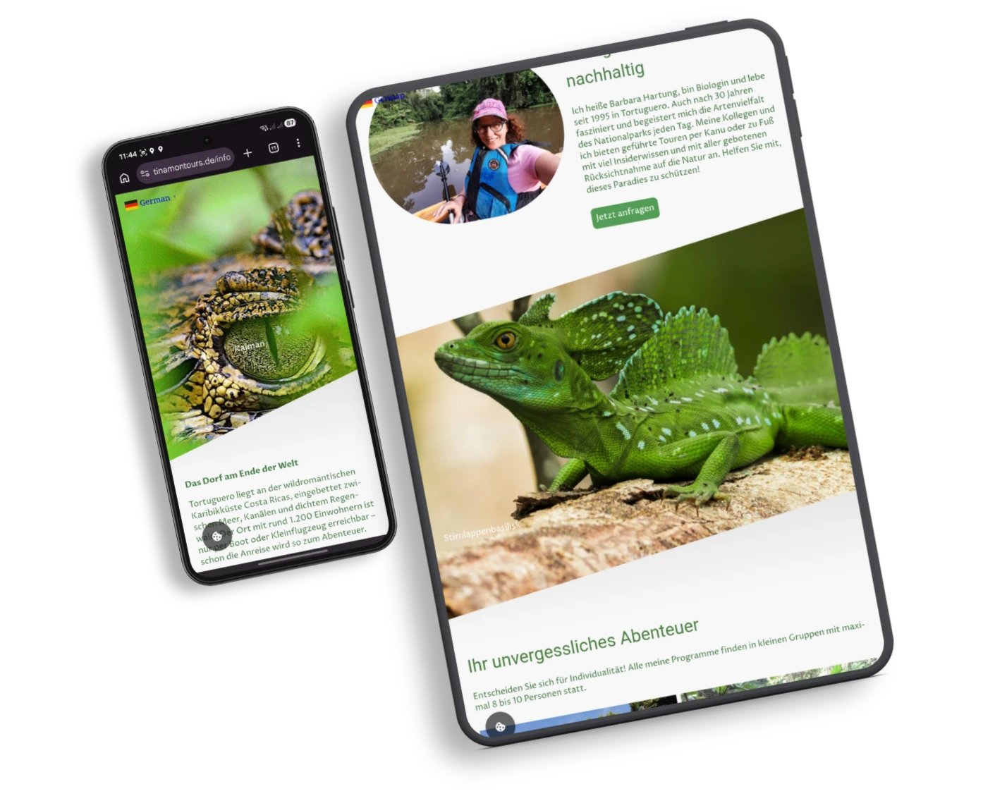 Die Webseite von Tinamon Tours in der mobilen und der Tablet-Ansicht.