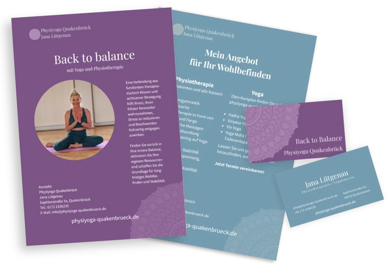 Flyer und Visitenkarten für das Physiyoga-Studio in Quakenbrück.